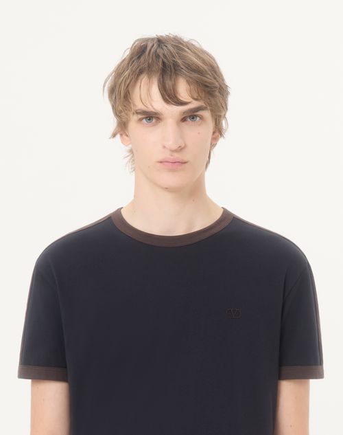 Valentino - Valentino Cotton T-shirt With Crew Neck, Contrasting Side Bands And Vlogo Embroidery - Navy/brown - Man - T-shirts And Sweatshirts