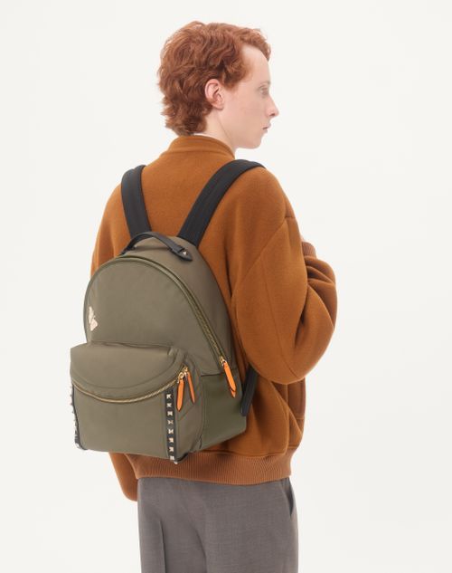 Valentino Garavani - Rockstud Backpack In Technical Fabric - Military Green - Man - Backpacks