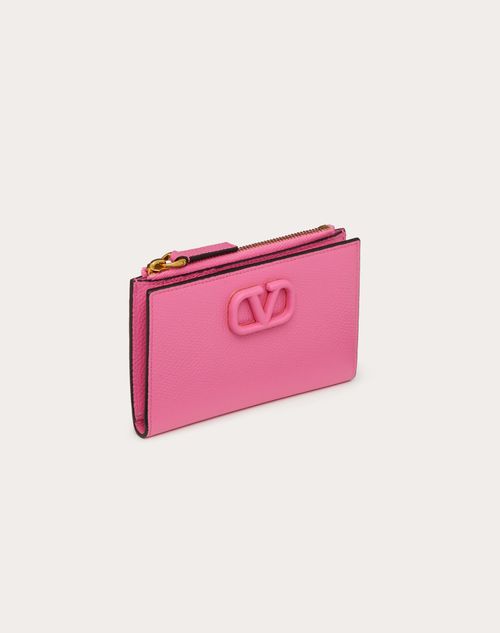 Valentino Garavani - Vlogo Signature Grainy Calfskin Cardholder Wth Zipper - Pink - Woman - Coin Purses & Card Cases