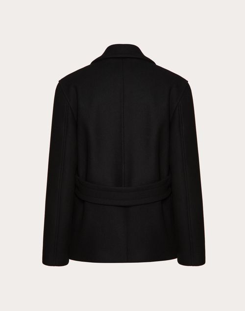 Valentino - Technical Wool Cloth Peacoat With Rubberised V Detail - Black - Man - Outerwear