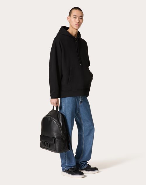 Valentino - Cotton Hoodie With Metallic V Detail - Black - Man - Tshirts And Sweatshirts