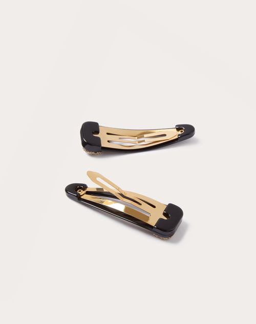 Valentino Garavani - Vロゴ シグネチャー スワロフスキー®クリスタル X メタル X レジン ヘアクリップ - ブラック/ゴールド/クリスタル - ウィメンズ - ヘアーアクセサリー