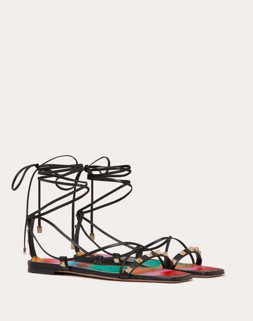 Valentino Garavani - Flat Nappa Leather Sandals - Black - Woman - Rockstud Sandals - Shoes