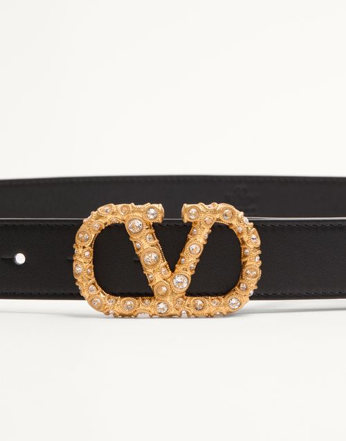 Valentino Garavani - Vlogo Signature Belt In Shiny Calfskin With Crystals 30 Mm - Black/crystal - Woman - Belts