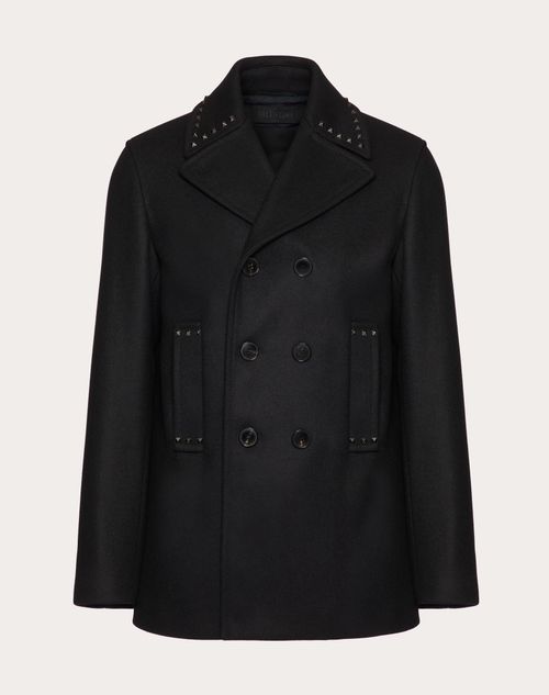 Valentino - Black Untitled Studded Wool Cloth Peacoat - Black - Man - Outerwear