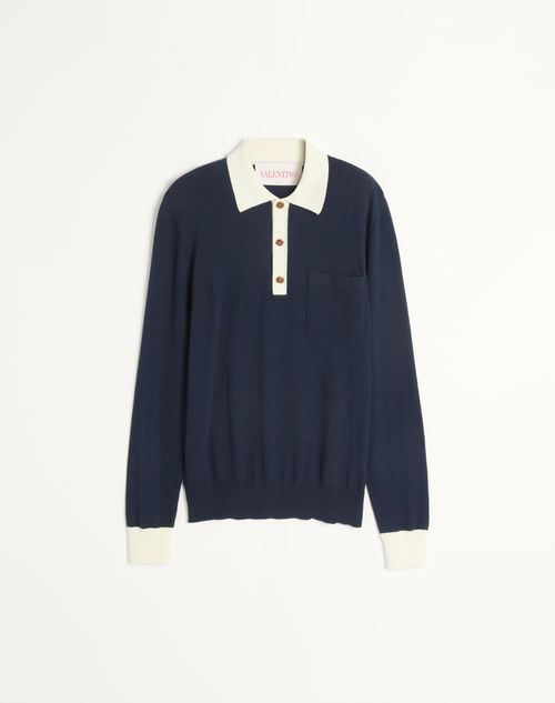 Valentino - Long-sleeved Cotton Polo Shirt - Indigo/butter - Man - Knitwear