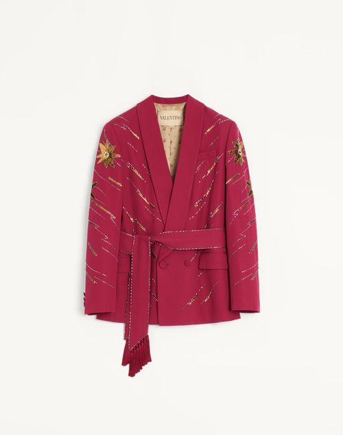 Valentino - Valentino Embroidered Belted Jacket In Grain De Poudre Wool - Cherry Red - Man - Coats And Blazers