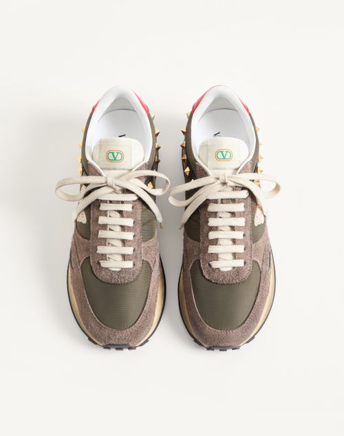 Valentino Garavani - Stud Up Trainer In Split Leather And Nylon With Butterfly Embroidery - Olive Green/multicolour - Man - Trainers