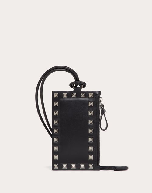 Rockstud Calfskin Card Holder With Neck Strap for Man in Black