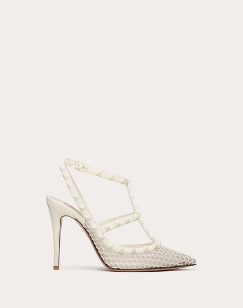 Valentino Garavani - Escarpins En Tissu Ajouré Rockstud Avec Brides Et Clous Assortis, Talon : 100 mm - Ivoire - Femme - Soldes Femme