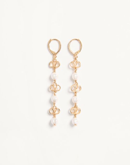 Valentino Garavani - Pendientes Vlogo Signature En Metal, Cuentas De Vidrio Y Cristales Swarovski® - Oro/crema/cristal - Mujer - Joyas