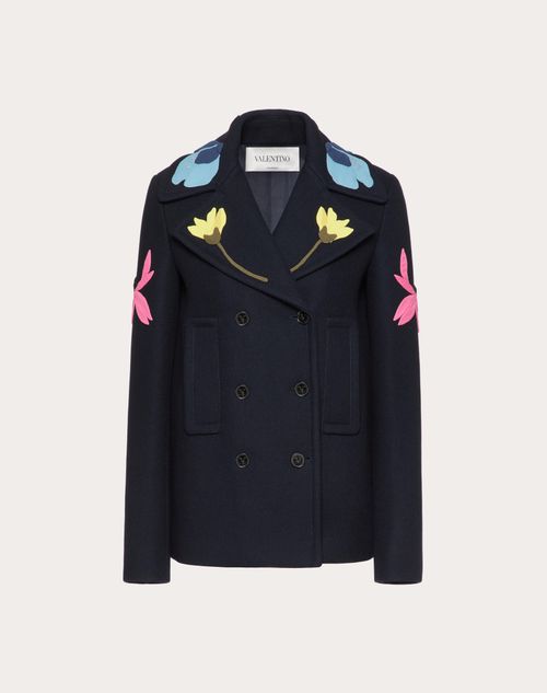 Valentino - Pea Coat In Embroidered Diagonal Double Wool - Navy/multicolor - Woman - Shelve - Pap Tema 1