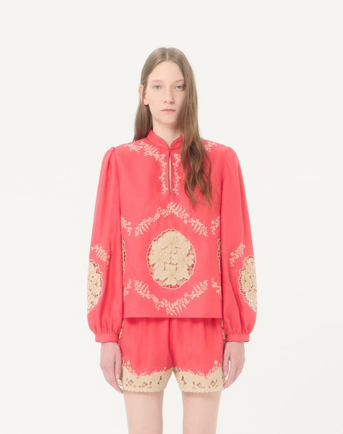 Valentino - Top In Couture Linen Ricamato - Corallo/beige - Donna - Camicie E Top