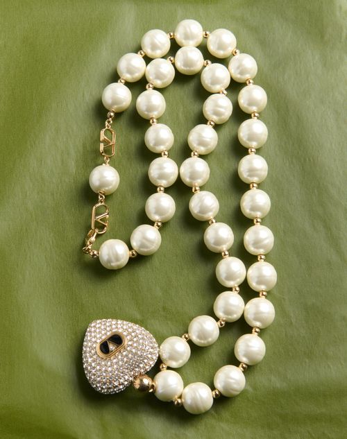 Valentino Garavani - Coeur Royal Necklace In Metal, Enamel, Pearls And Swarovski® Crystals - Gold/black/crystal/cream - Woman - Jewellery