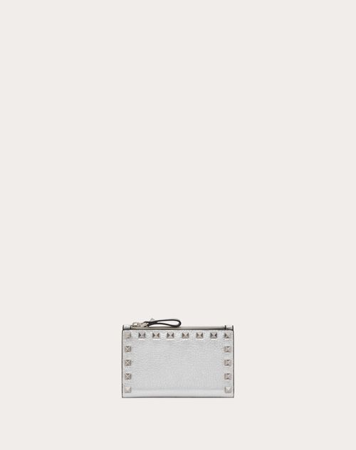 Valentino Garavani - Rockstud Grainy Metallic Calfskin Card Holder With Zipper - Silver - Woman - Wallets And Small Leather Goods