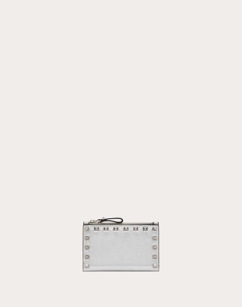 Valentino Garavani - Rockstud Grainy Metallic Calfskin Card Holder With Zip - Silver - Woman - Wallets And Small Leather Goods
