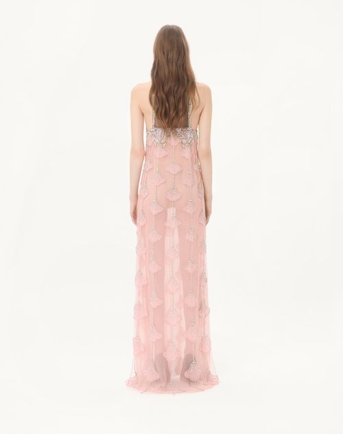 Valentino - Langes Kleid Aus Besticktem Tulle Illusione - Rosa/silber - Frau - Abendkleider