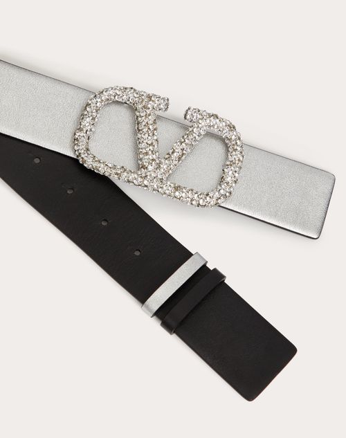 Valentino Garavani - Reversible Vlogo Signature Belt In Metallic Calfskin 40 Mm - Silver/black - Woman - Belts - Accessories