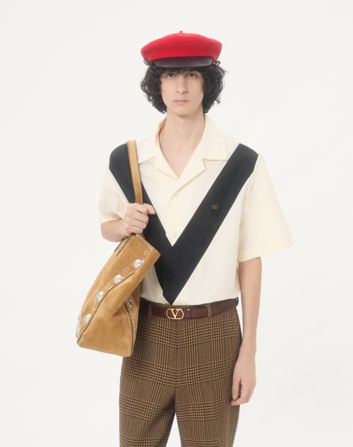 Valentino - Valentino Cotton Poplin Bowling Shirt With Inlaid V And Vlogo Patch - Ivory/black - Man - Shirts