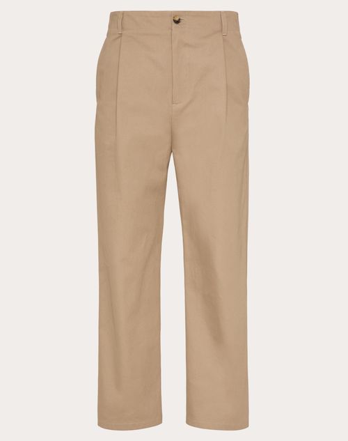 Valentino - Pantalon En Gabardine De Coton Avec Étiquette Maison Valentino - Beige - Homme - Shorts Et Pantalons