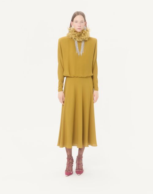 Valentino - Abito Midi In Georgette Con Piume - Ocra - Donna - Abiti