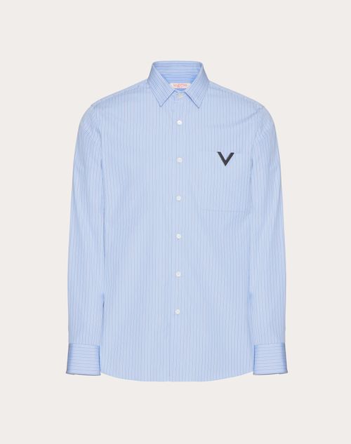 Valentino - Camicia In Popeline Di Cotone Con V Detail Metallica - Azzurro - Uomo - Camicie