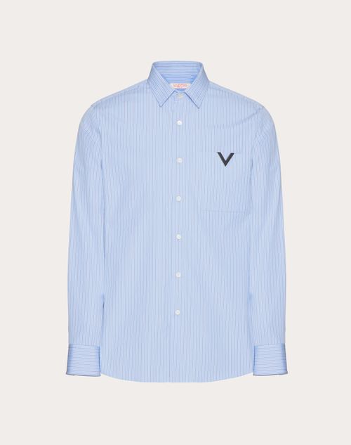 Valentino - Camiseta De Popelina De Algodón Con Detalle De V Metálica - Celeste - Hombre - Camisas