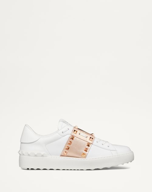 Valentino Garavani - Rockstud Untitled Sneaker In Calfskin Leather With Metallic Stripe - White/copper - Woman - Sneakers