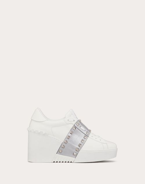 Valentino Garavani - Open Disco Wedge Sneaker In Calfskin With Metallic Band And Matching Studs 85mm - White/silver - Woman - Woman Shoes Sale