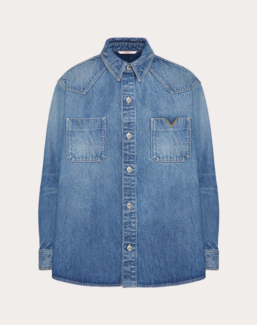 Valentino Handbags Camicia In Denim Con V Detail Metallica per Uomo in Denim | Valentino IT