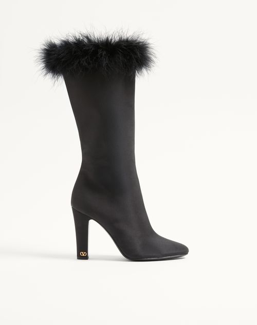 Valentino Garavani - Hotty Shantung Fabric Boot With Feathers 100mm - Black - Woman - Boots