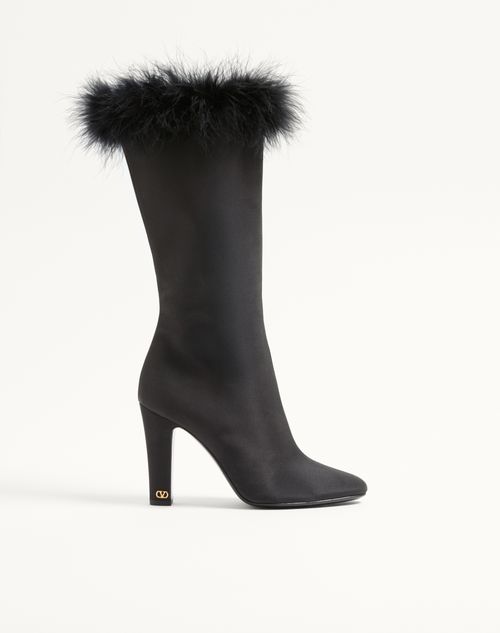 Valentino Garavani - Hotty Shantung Fabric Boot With Feathers 100mm - Black - Woman - Boots And Ankle Boots