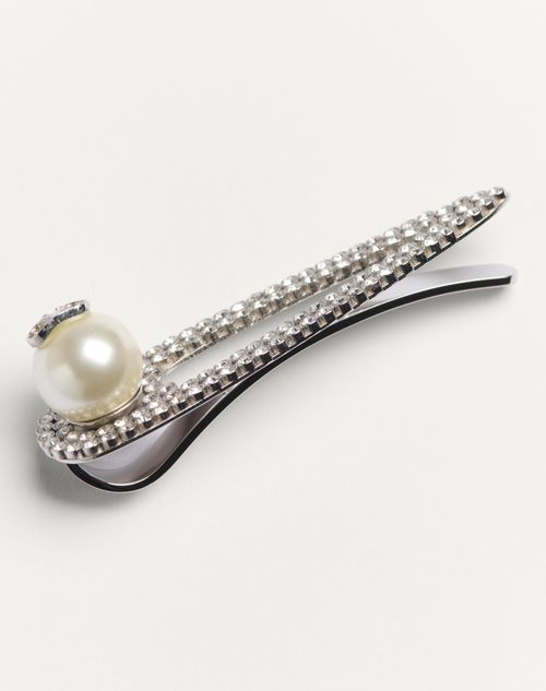 Valentino Garavani - Vlogo Signature Metal Tie Clip With Swarovski® Crystals And Pearl - Palladium/cream - Man - Jewellery