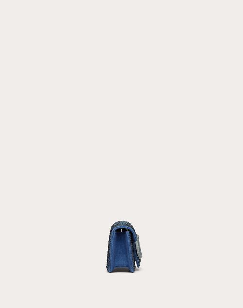 Valentino Garavani Small Locò Denim Shoulder Bag With Rhinestones in Blue