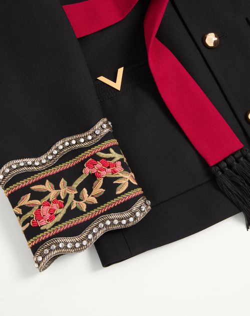 Valentino - Valentino Embroidered Jacket With Belt In Wool Gabardine With Vgold - Black - Man - Coats And Blazers