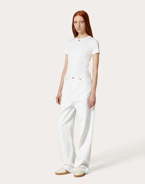 Valentino - T-shirt In Ribbed Cotton - Bianco - Donna - T-shirt E Felpe