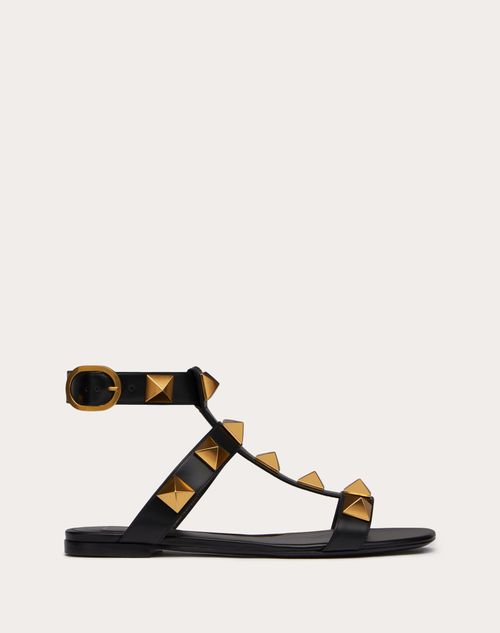 Valentino Garavani - Roman Stud Flat Calfskin Sandal - Black - Woman - Sandals