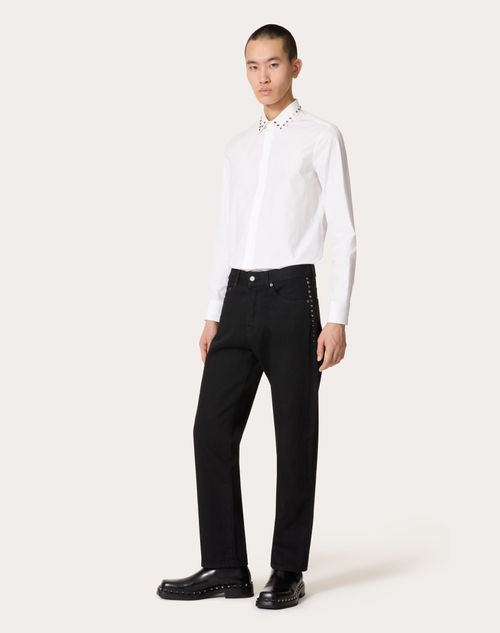 Valentino - Long Sleeve Cotton Shirt With Black Untitled Studs On Collar - White - Man - Shirts