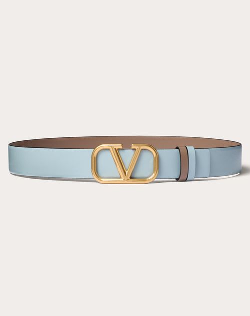 Valentino Garavani - Cintura Reversibile Vlogo Signature In Vitello Lucido 30 Mm - Blu Porcellana/clay - Donna - Cinture