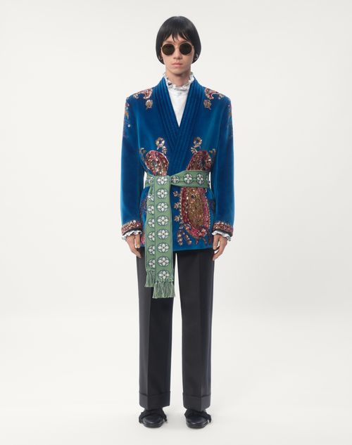 Valentino - Belted Cotton Velvet Jacket With Sequin Embroidery - Prussia - Man - Coats And Blazers