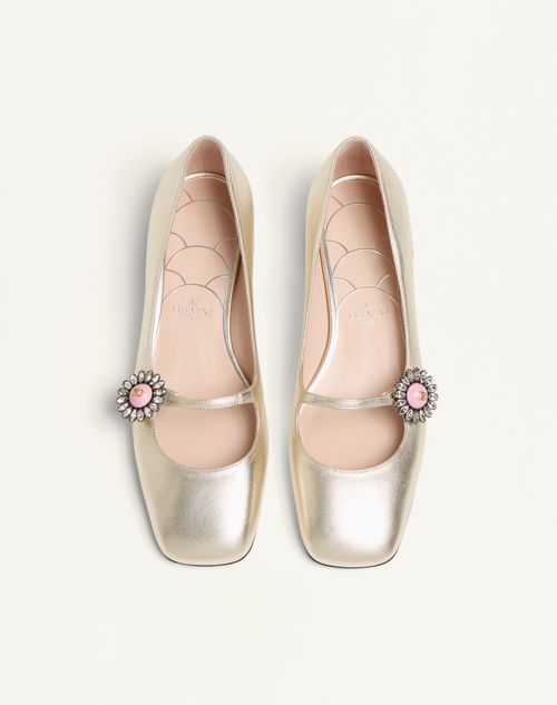 Valentino Garavani - Mary-jane Preshoes Ballerinas In Laminated Nappa With Jewel Button 20mm - Platinum/crystal - Woman - Ballerinas