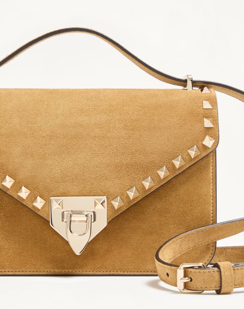 Valentino Garavani - Valentino Garavani Rockstud Small Shoulder Bag In Suede - Havana Beige - Woman - Shoulder Bags