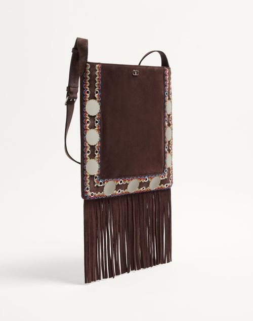 Valentino Garavani - Valentino Garavani Nellcôte Suede Shoulder Bag With Fringes - Multicolour/testa Di Moro - Man - Shoulder Bags