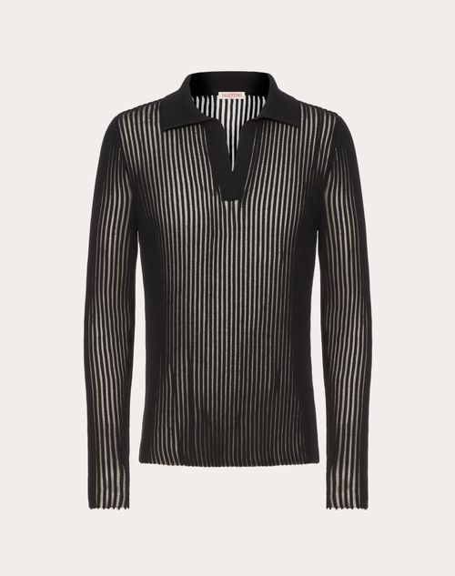 Valentino - Langärmliges Poloshirt Aus Baumwollwebstoff - Schwarz - Mann - Kleidung