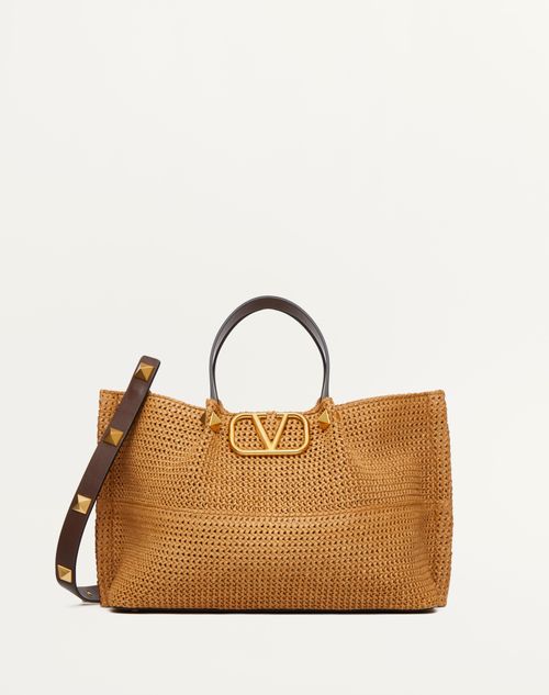 Valentino Garavani - Medium Shopping Bag In Synthetic Raffia - Biscuit/chocolate - Woman - Valentino Garavani Vlogo Signature