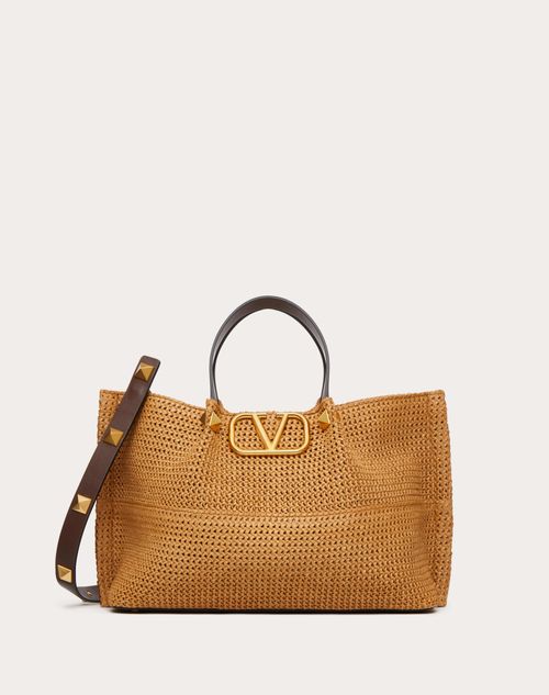 Valentino Garavani - Medium Shopping Bag In Synthetic Raffia - Biscuit/chocolate - Woman - Valentino Garavani Vlogo Signature
