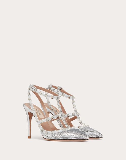 Valentino Garavani - Rockstud Pump With Sequin Embroidery And Straps 100mm - Silver - Woman - Pumps