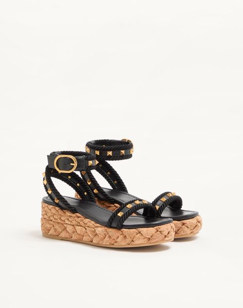 Valentino Garavani - Rockstud Flatform Sandal In Calfskin 60mm - Black/natural - Woman - Espadrilles And Wedges