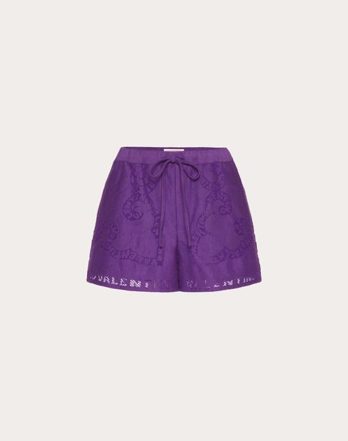 Valentino - Shorts De Encaje Guipure De Algodón - Astral Purple - Mujer - Pantalones Largos Y Cortos