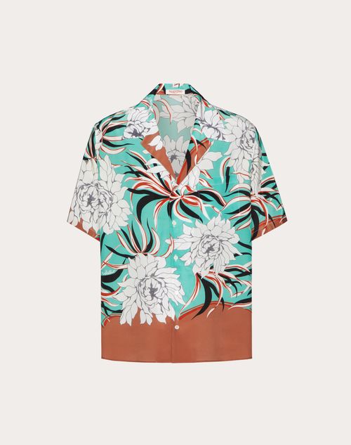 Valentino - Silk Bowling Shirt With Street Flowers Couture Peonies Print - Turquoise/multicolor - Man - Man Ready To Wear Sale